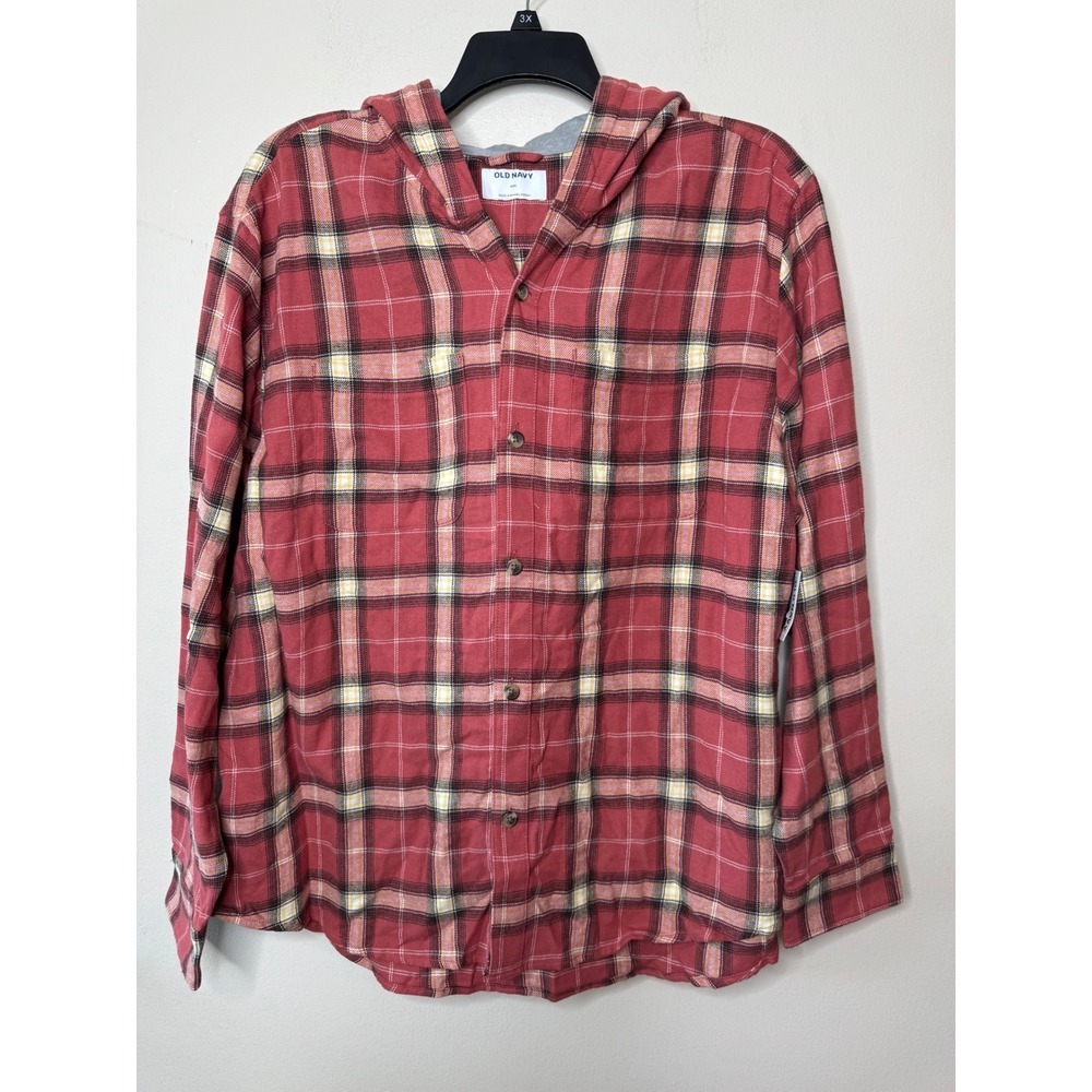 Old Navy Red Plaid Flannel Hooded Button Down Shirt